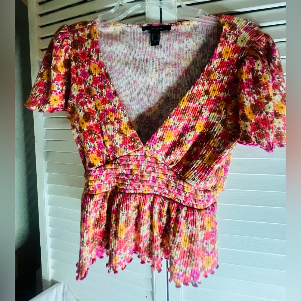 FOREVER 21 Pink and Orange Smocked Ruffled Blouse